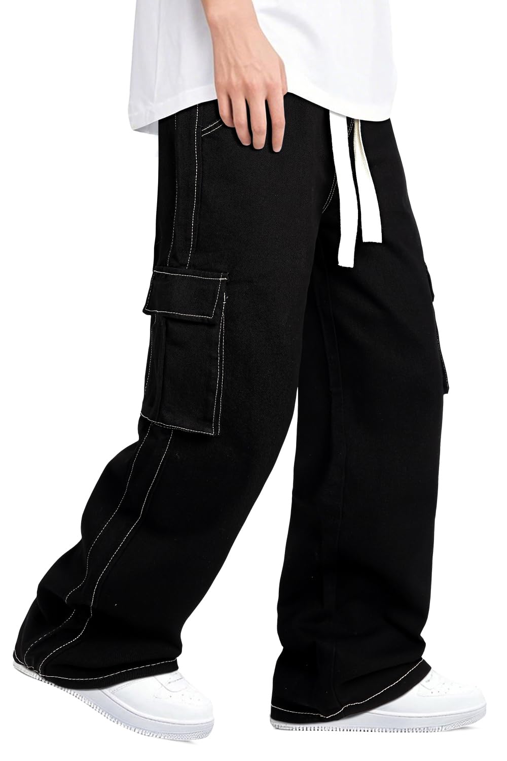 Mens Baggy Jeans Elastic Waisted Denim Pants for Men with Drawstring Streetwear