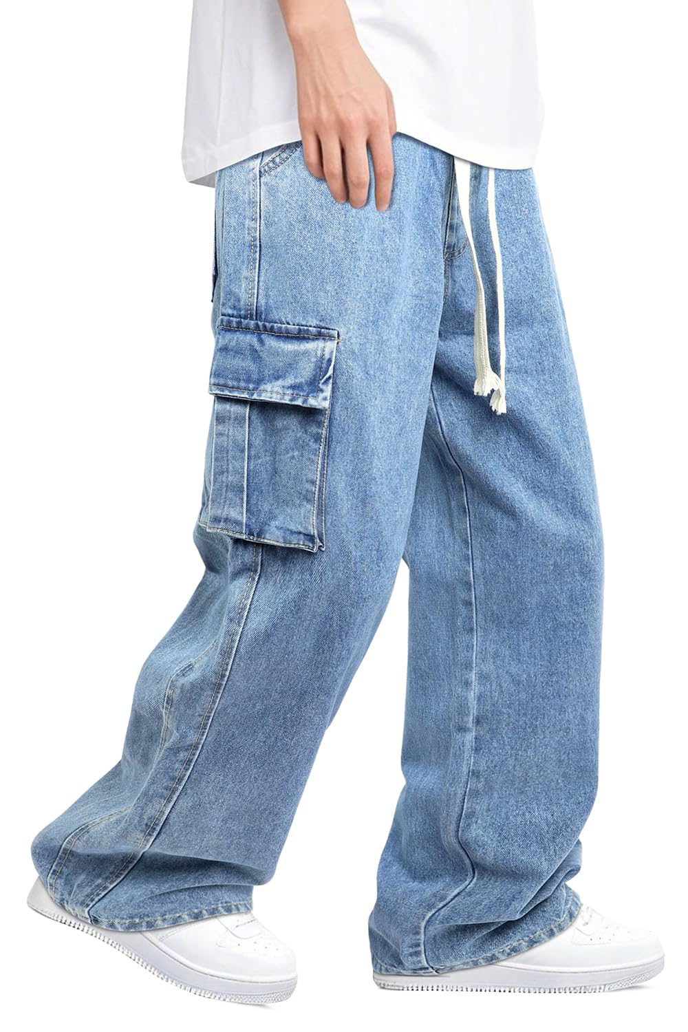 Mens Baggy Jeans Elastic Waisted Denim Pants for Men with Drawstring Streetwear