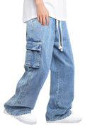 Mens Baggy Jeans Elastic Waisted Denim Pants for Men with Drawstring Streetwear