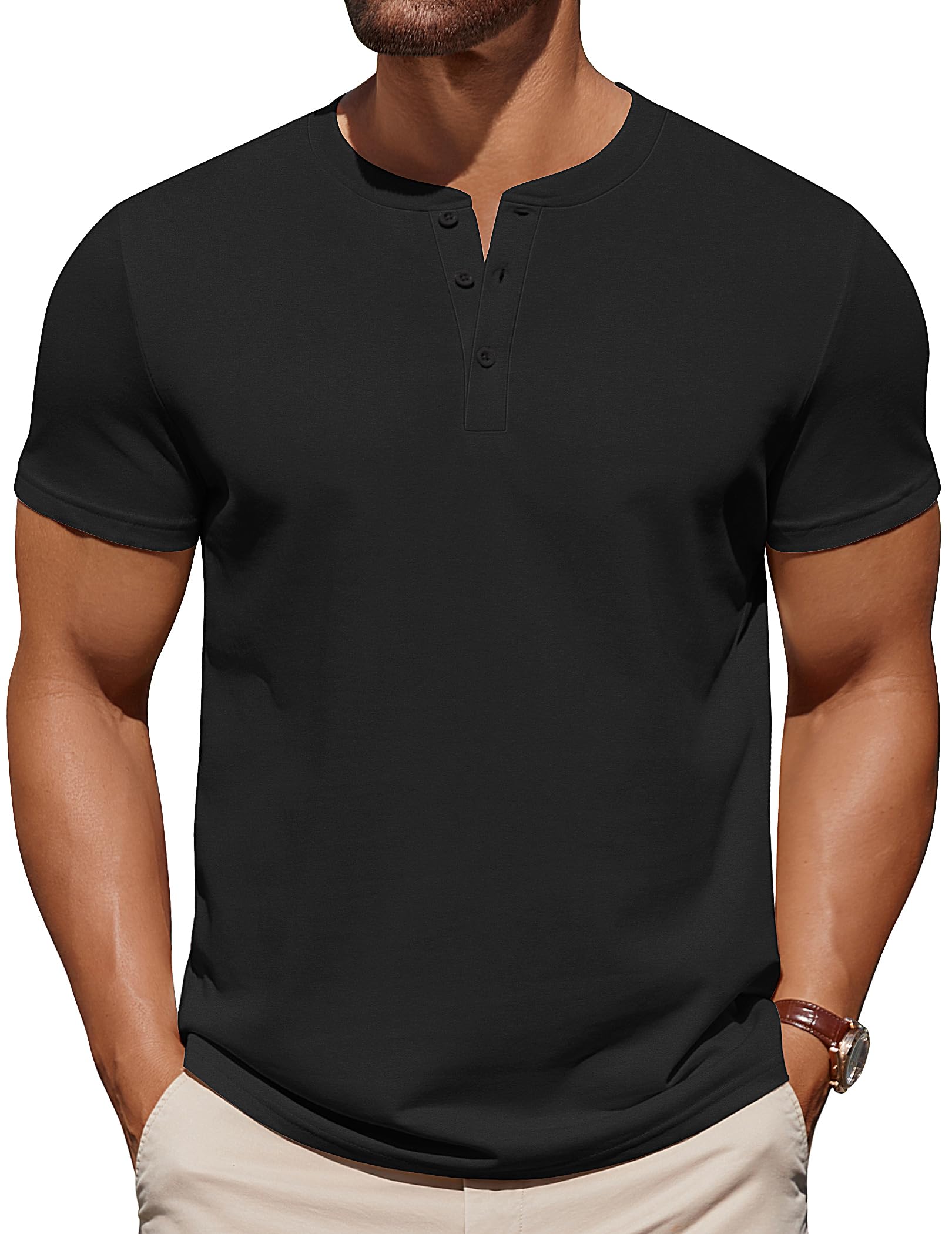 COOFANDY Mens Cotton Henley T-Shirts Short Sleeve Button Casual Basic Tees Work Shirts with Split Side