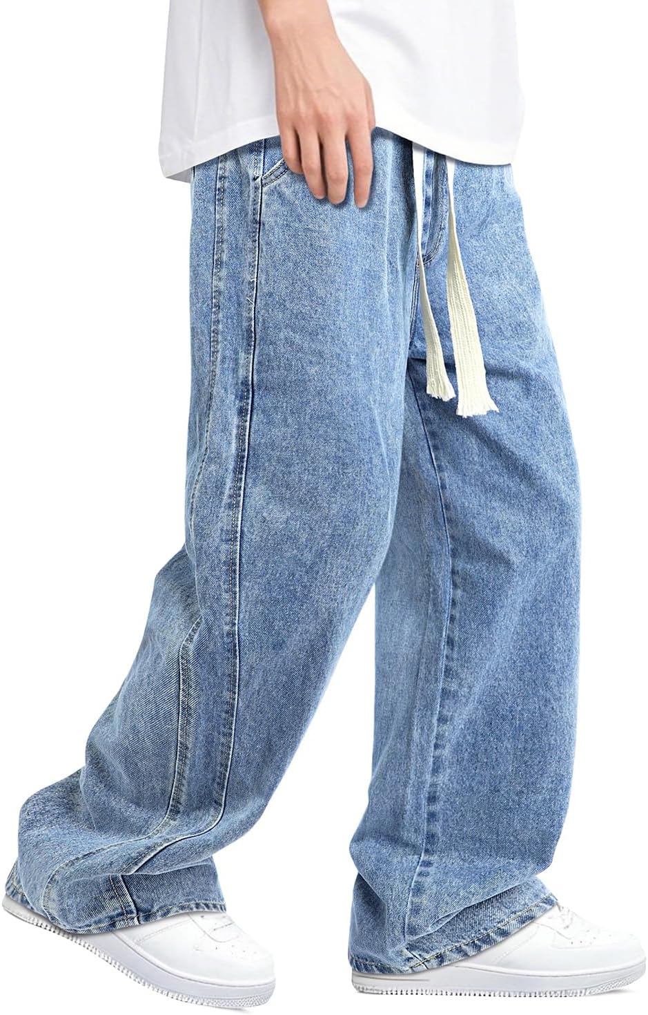 Mens Baggy Jeans Elastic Waisted Denim Pants for Men with Drawstring Streetwear