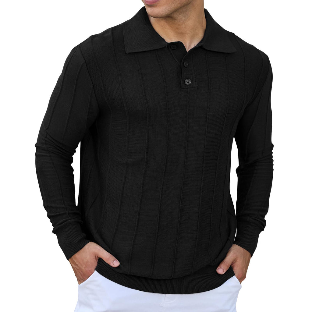 Mens Knit Polo Shirts Long Sleeve Casual Classic Polo Shirt Collared Ribbed Textured Pullover Sweater