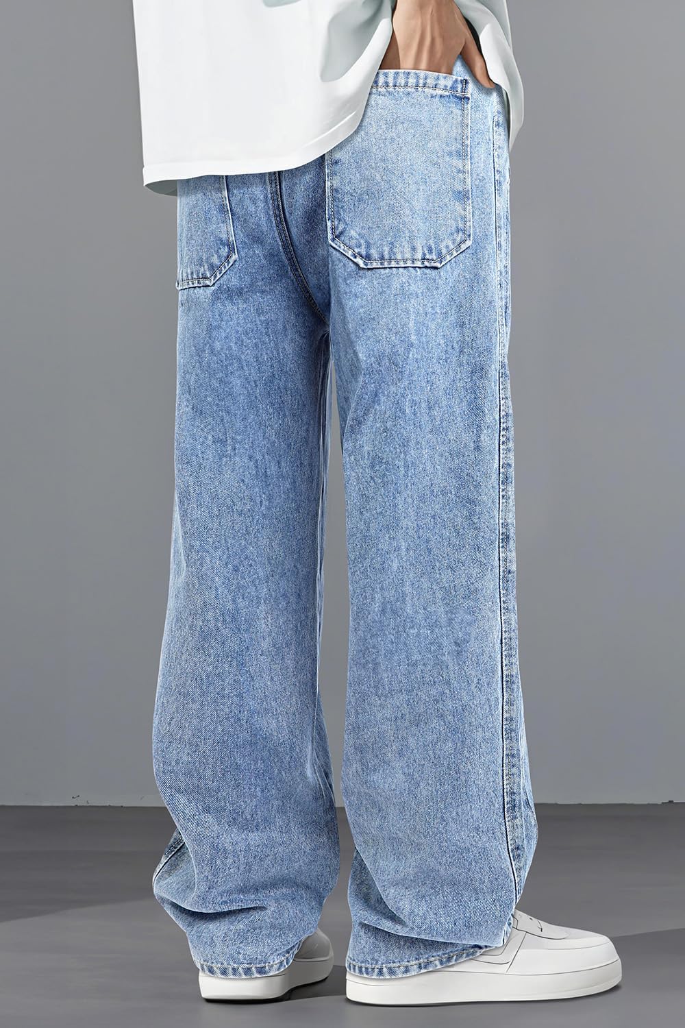 Mens Baggy Jeans Elastic Waisted Denim Pants for Men with Drawstring Streetwear