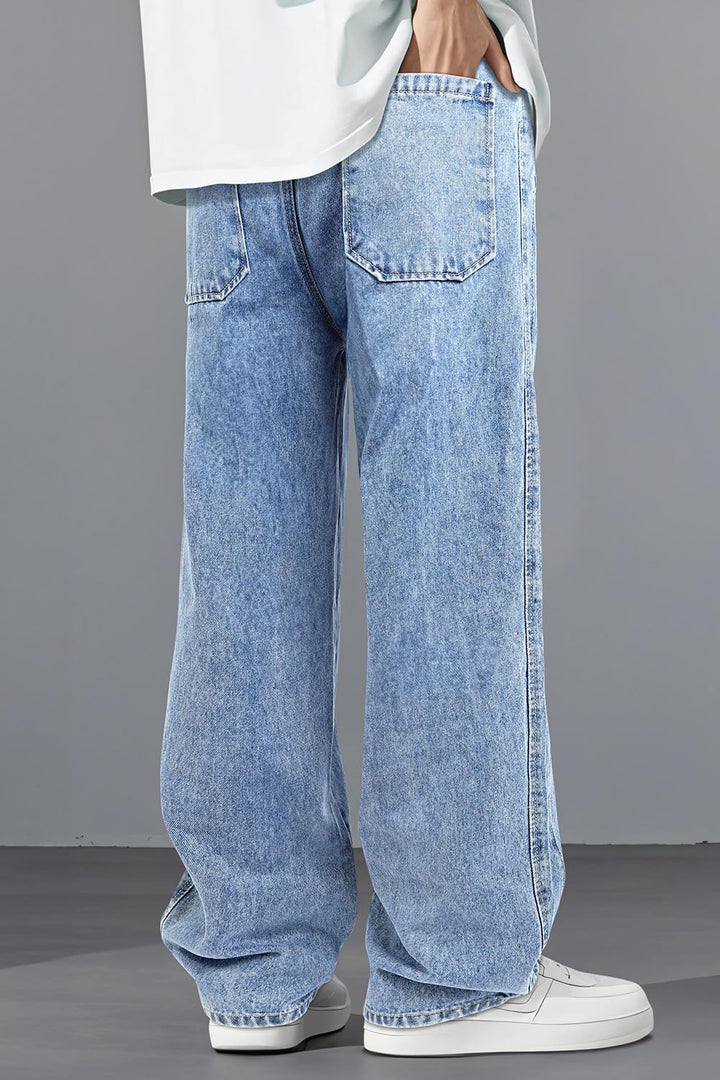 Mens Baggy Jeans Elastic Waisted Denim Pants for Men with Drawstring Streetwear