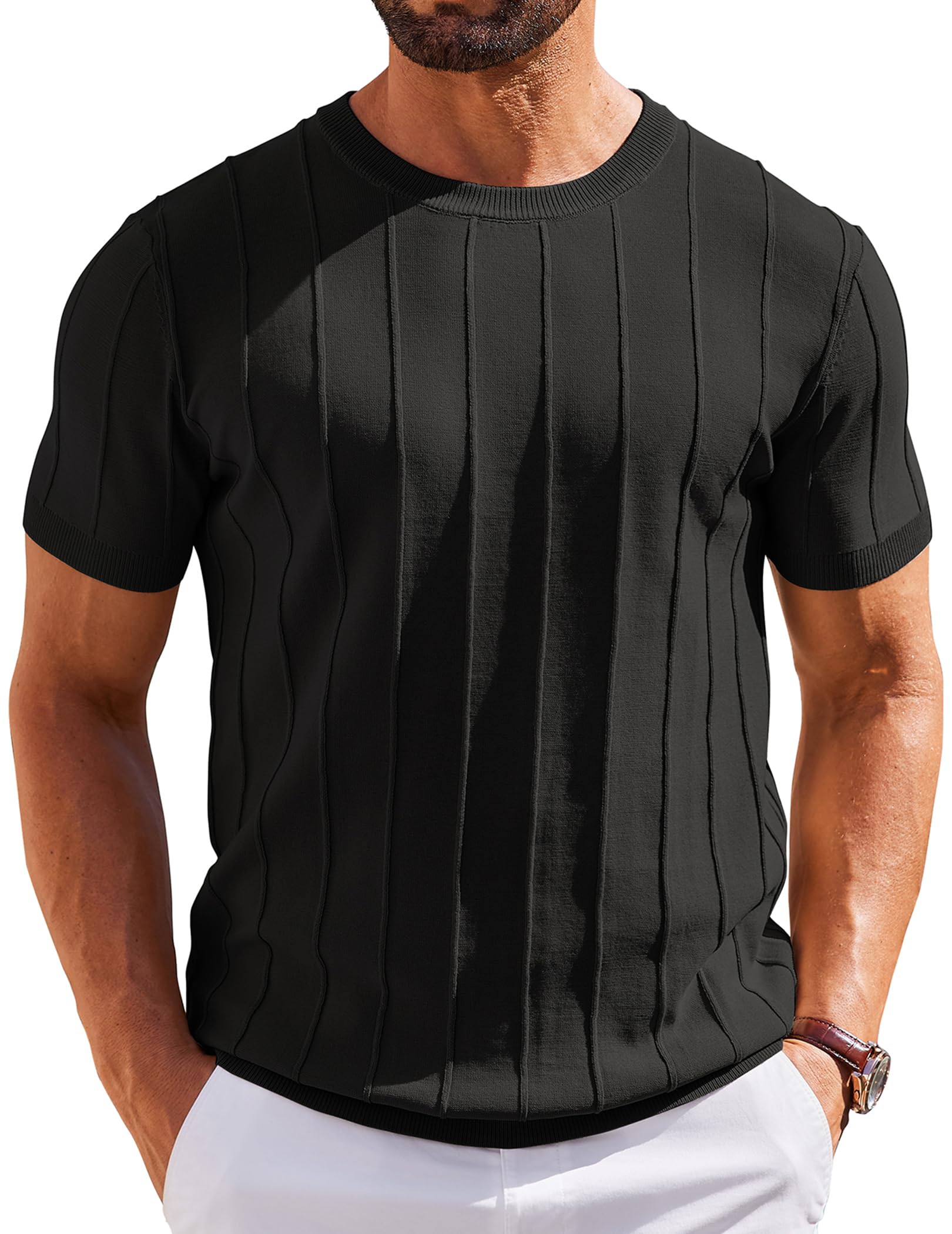 COOFANDY Men's T- Shirts Short Sleeve Knit Sweater Shirt Casual Crewneck Ribbed Pullover Tees