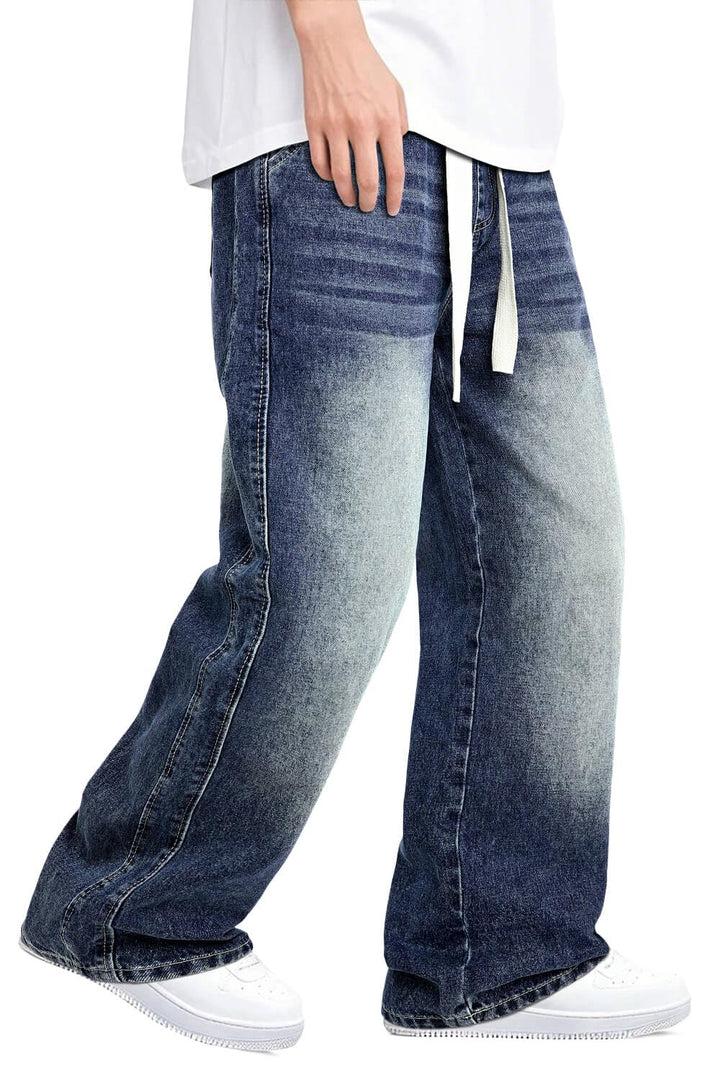 Mens Baggy Jeans Elastic Waisted Denim Pants for Men with Drawstring Streetwear