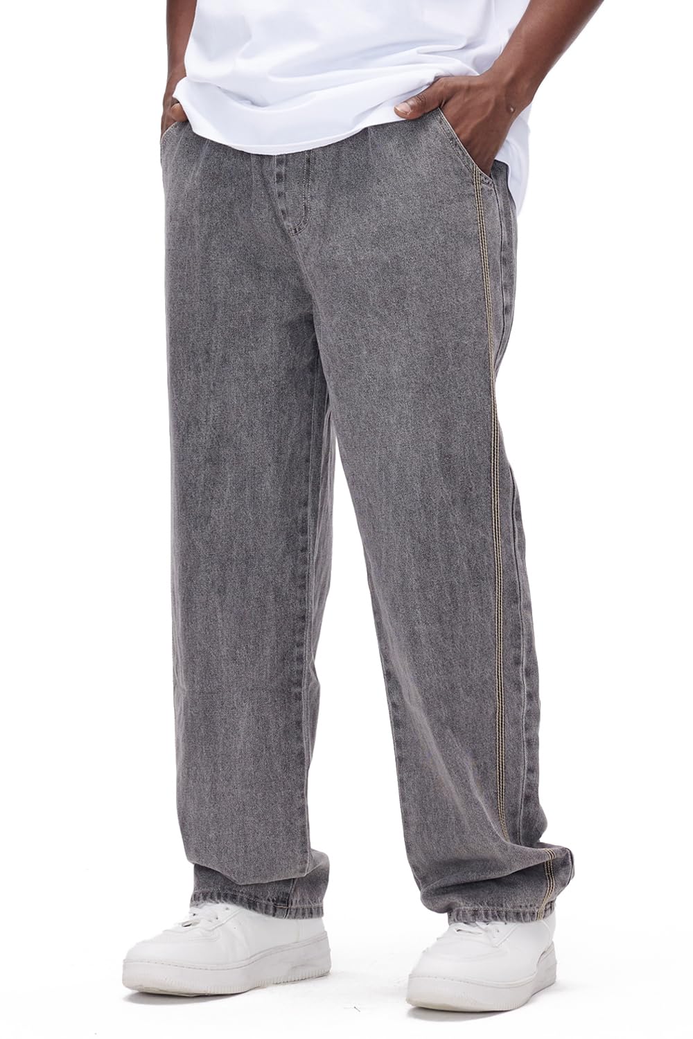 Mens Baggy Jeans Elastic Waisted Denim Pants for Men with Drawstring Streetwear