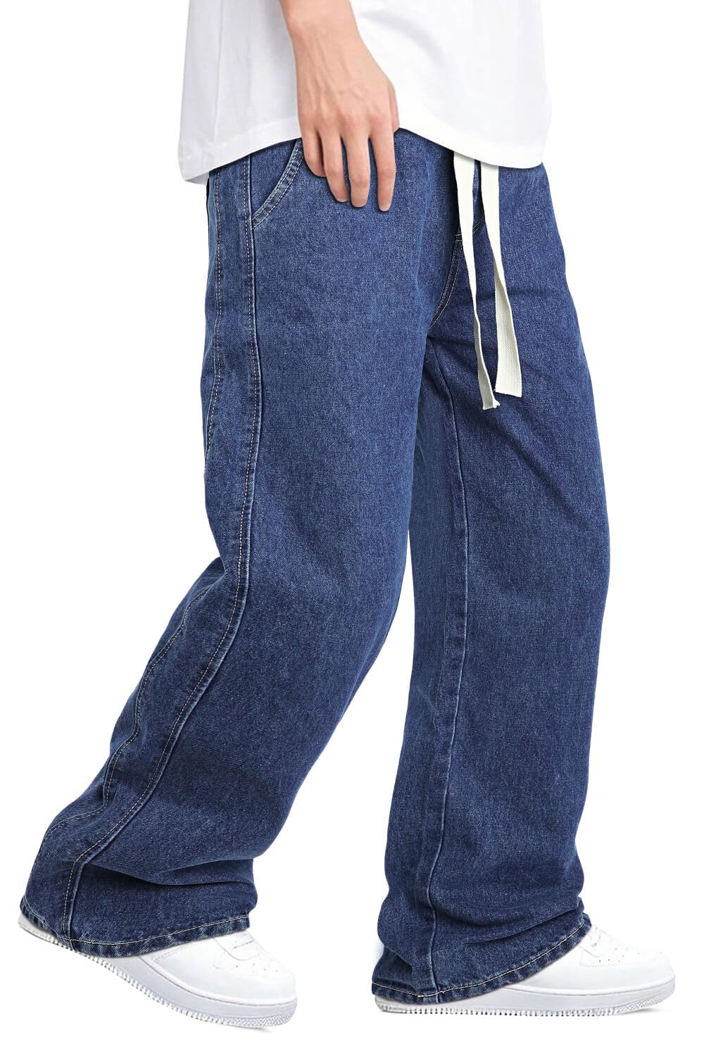 Mens Baggy Jeans Elastic Waisted Denim Pants for Men with Drawstring Streetwear