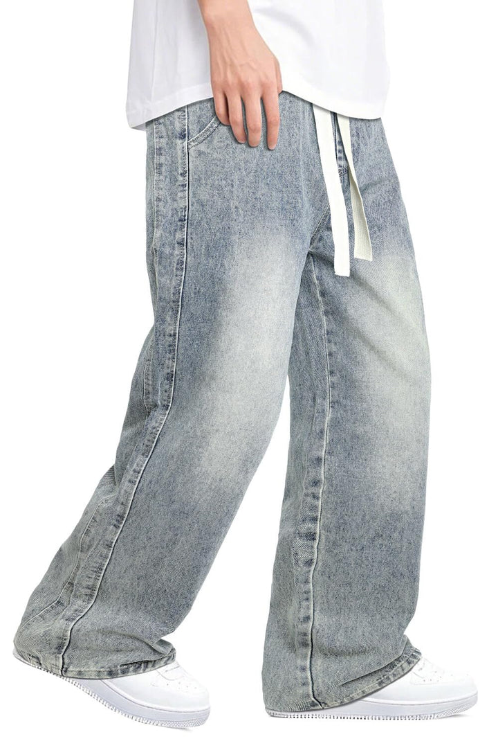 Mens Baggy Jeans Elastic Waisted Denim Pants for Men with Drawstring Streetwear