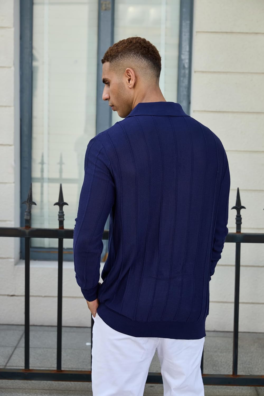 Mens Knit Polo Shirts Long Sleeve Casual Classic Polo Shirt Collared Ribbed Textured Pullover Sweater