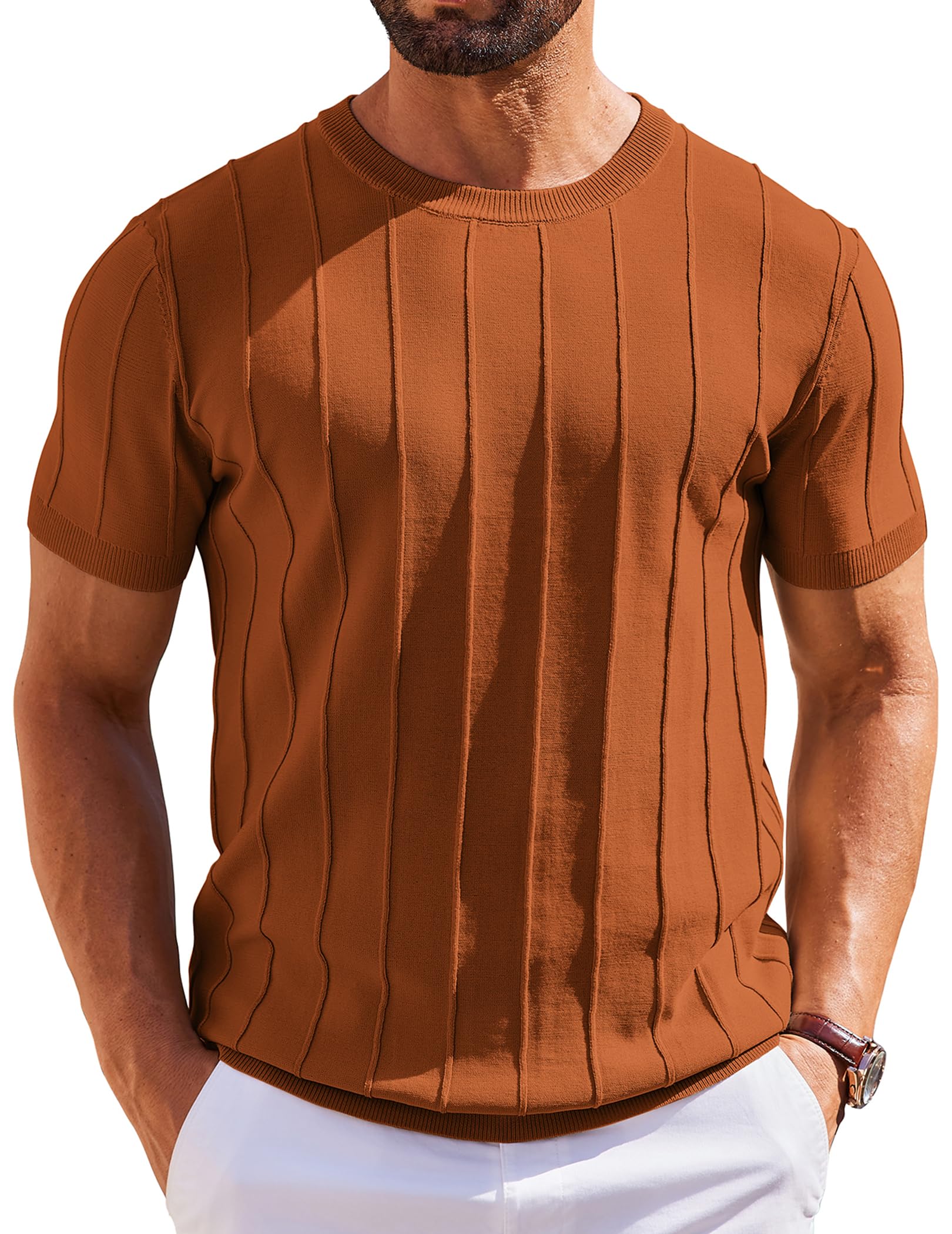 COOFANDY Men's T- Shirts Short Sleeve Knit Sweater Shirt Casual Crewneck Ribbed Pullover Tees