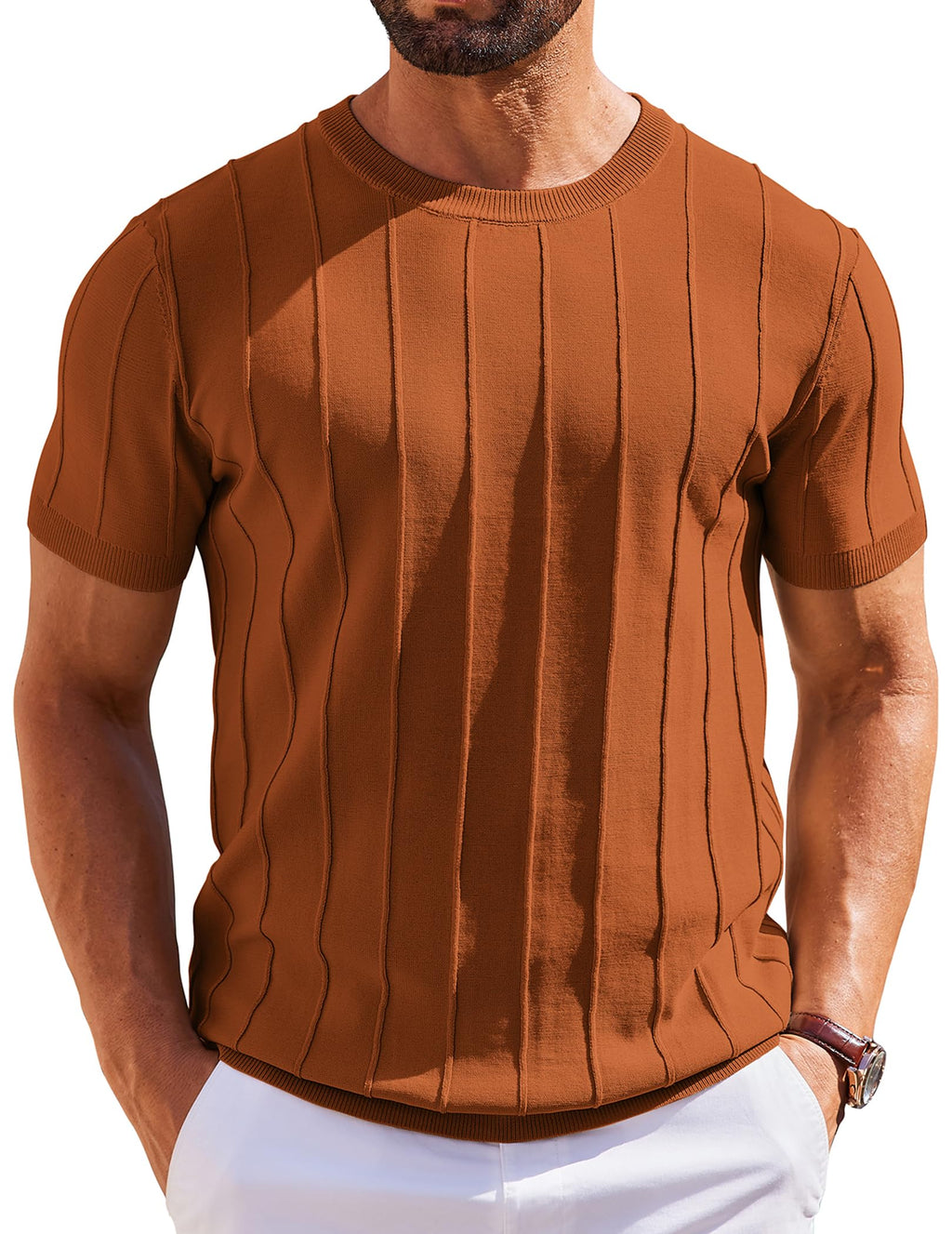COOFANDY Men's T- Shirts Short Sleeve Knit Sweater Shirt Casual Crewneck Ribbed Pullover Tees