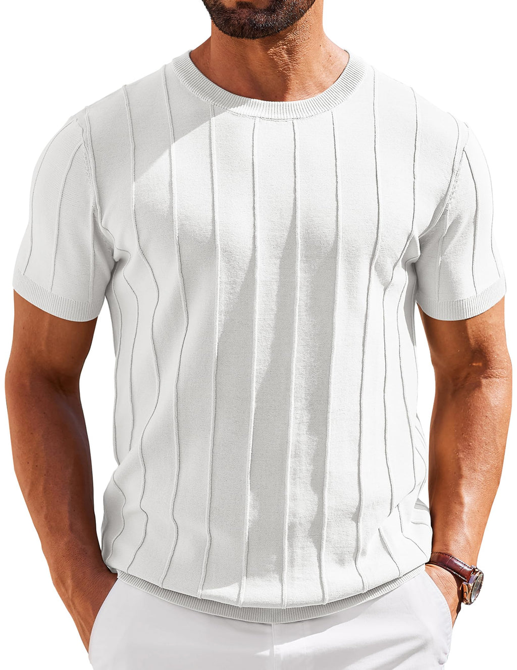 COOFANDY Men's T- Shirts Short Sleeve Knit Sweater Shirt Casual Crewneck Ribbed Pullover Tees