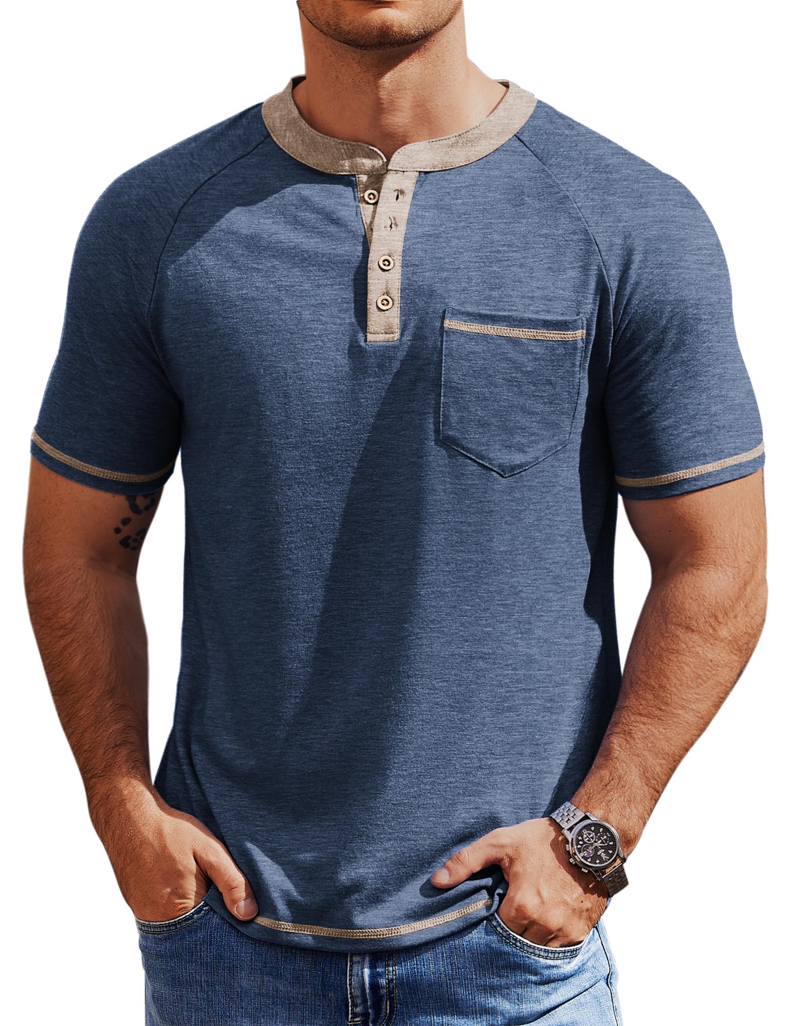 COOFANDY Mens Henley Shirts Short Sleeve Casual Button T-Shirts Basic Tee Shirts Summer Vintage T Shirts with Pocket
