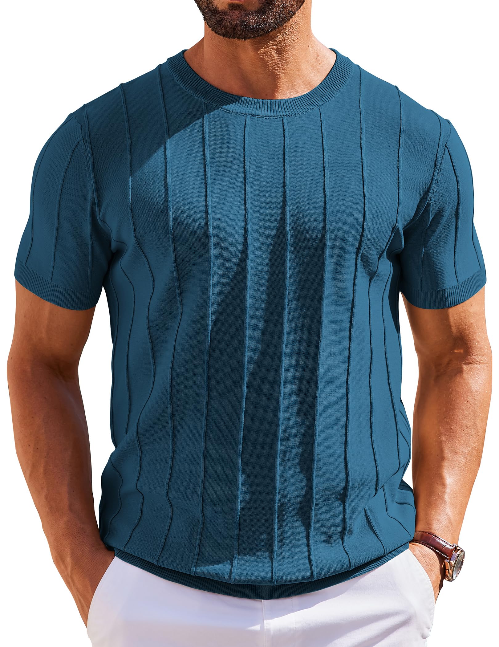 COOFANDY Men's T- Shirts Short Sleeve Knit Sweater Shirt Casual Crewneck Ribbed Pullover Tees