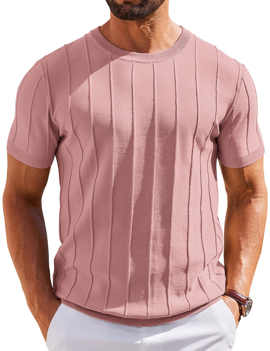 COOFANDY Men's T- Shirts Short Sleeve Knit Sweater Shirt Casual Crewneck Ribbed Pullover Tees