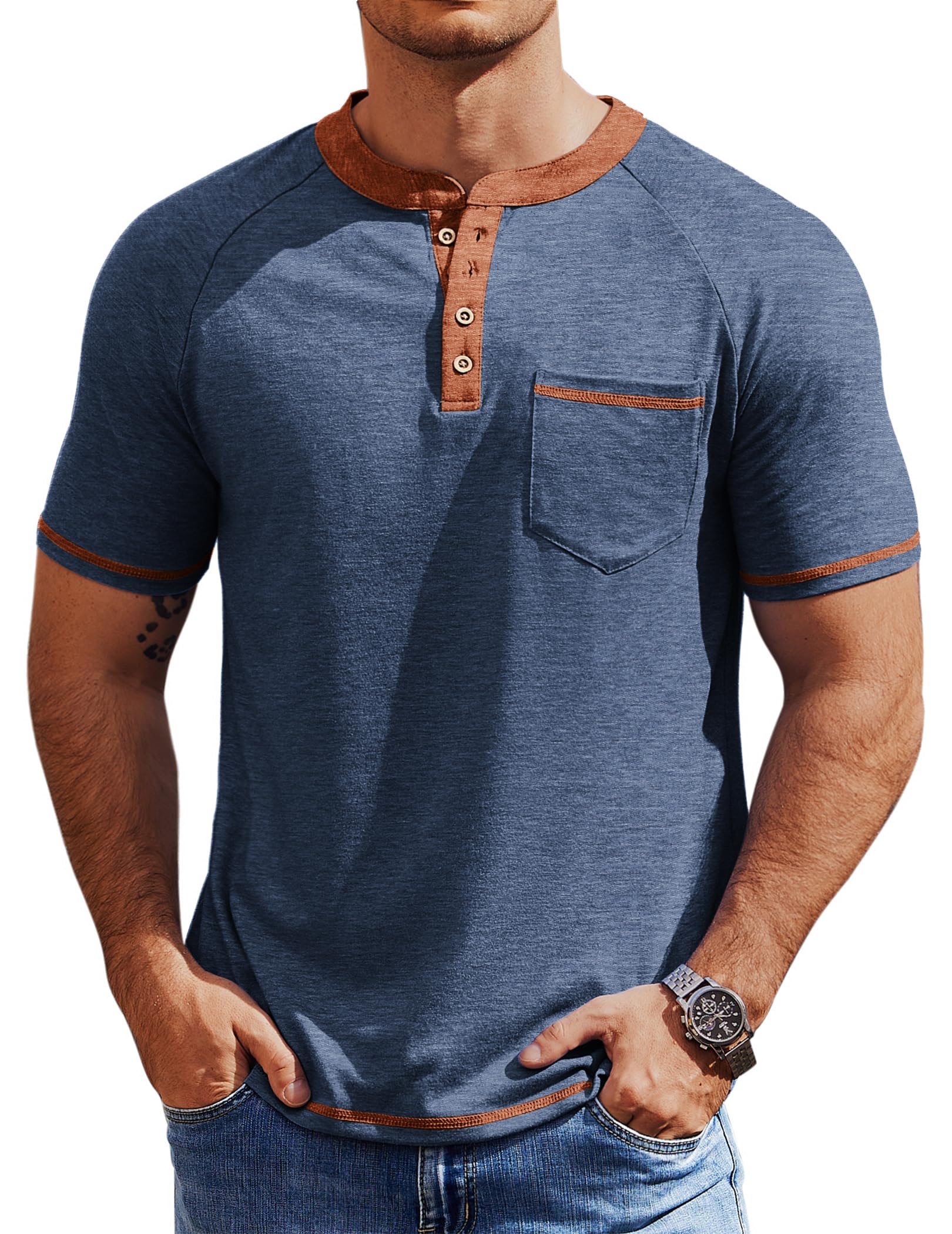 COOFANDY Mens Henley Shirts Short Sleeve Casual Button T-Shirts Basic Tee Shirts Summer Vintage T Shirts with Pocket