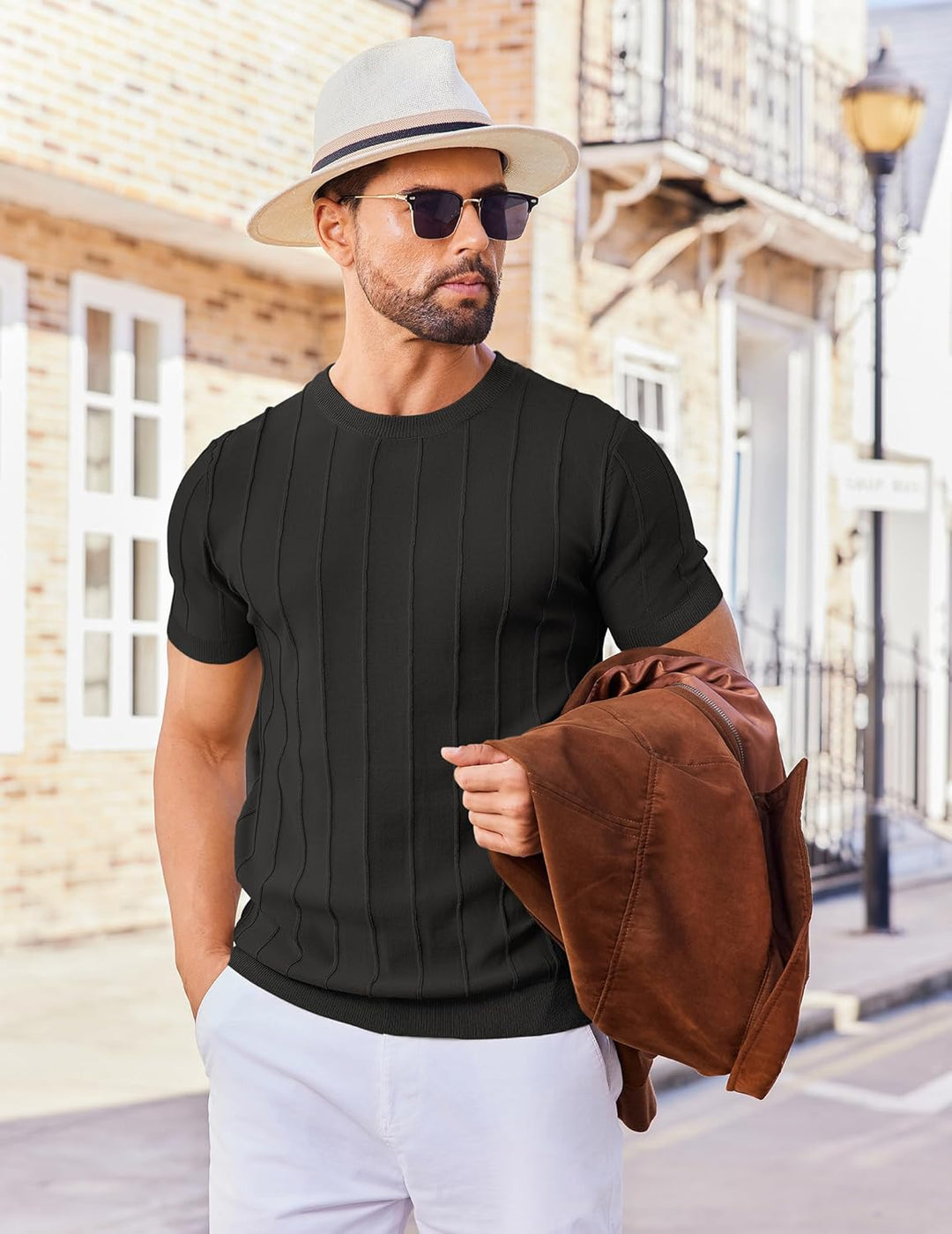 COOFANDY Men's T- Shirts Short Sleeve Knit Sweater Shirt Casual Crewneck Ribbed Pullover Tees