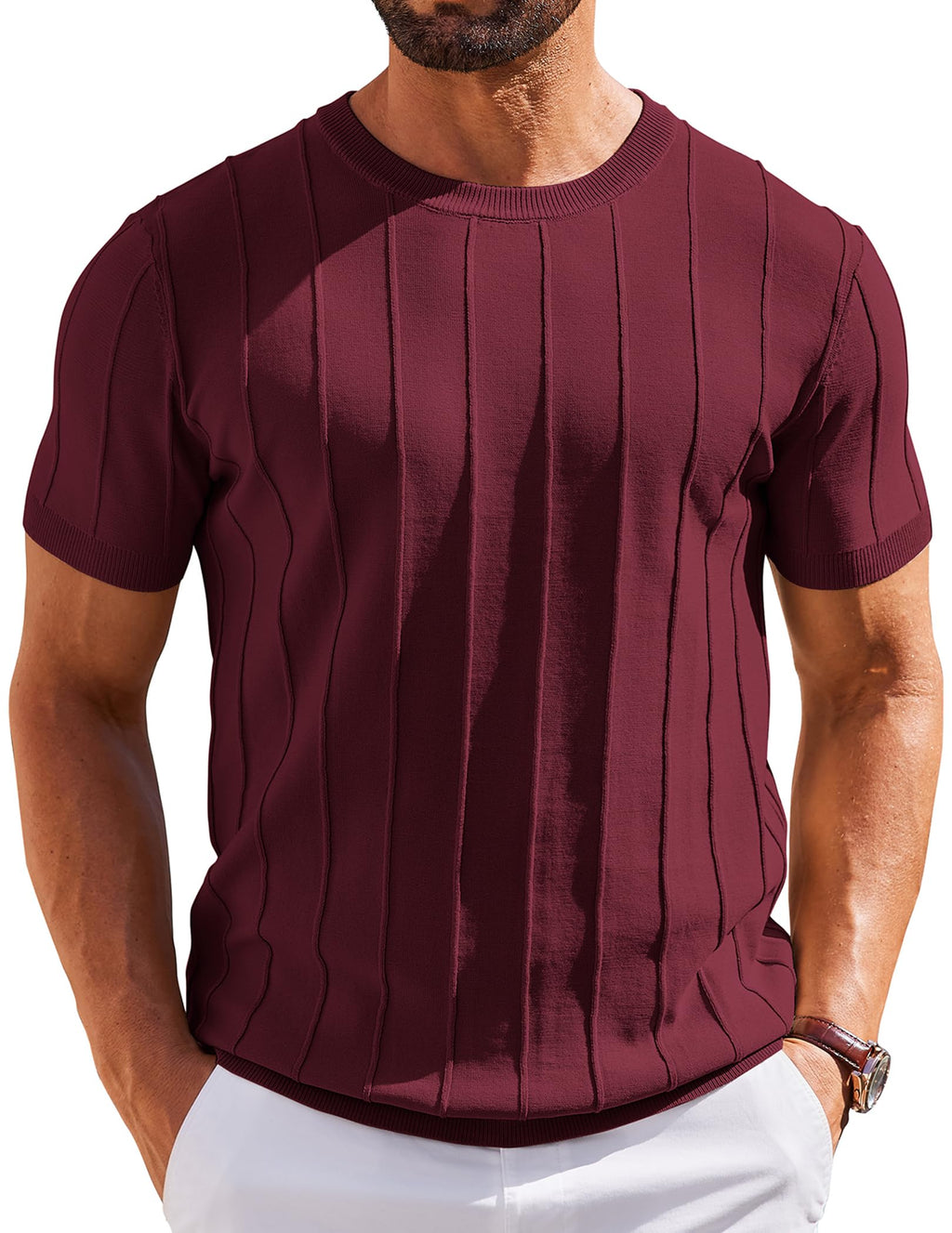 COOFANDY Men's T- Shirts Short Sleeve Knit Sweater Shirt Casual Crewneck Ribbed Pullover Tees