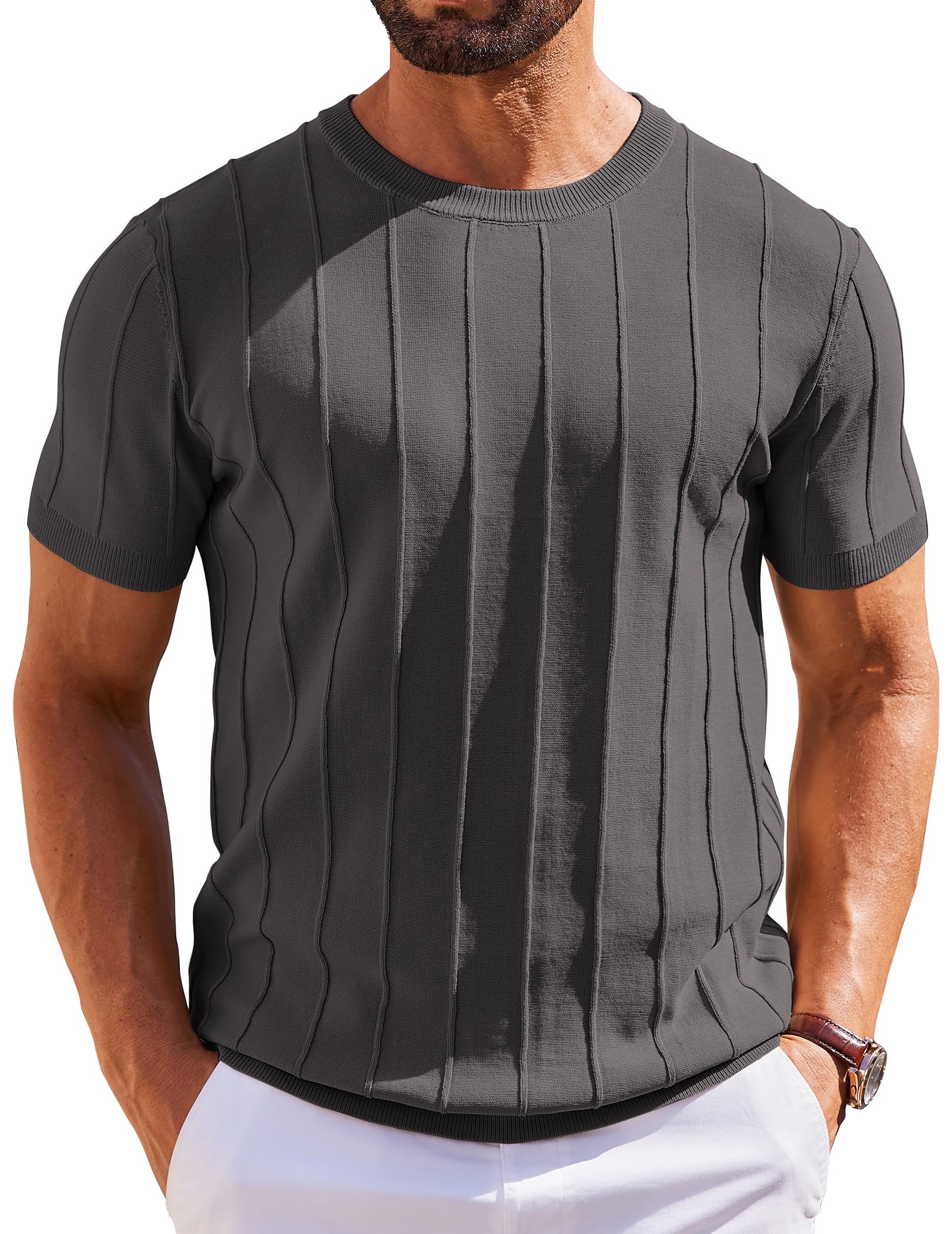 COOFANDY Men's T- Shirts Short Sleeve Knit Sweater Shirt Casual Crewneck Ribbed Pullover Tees