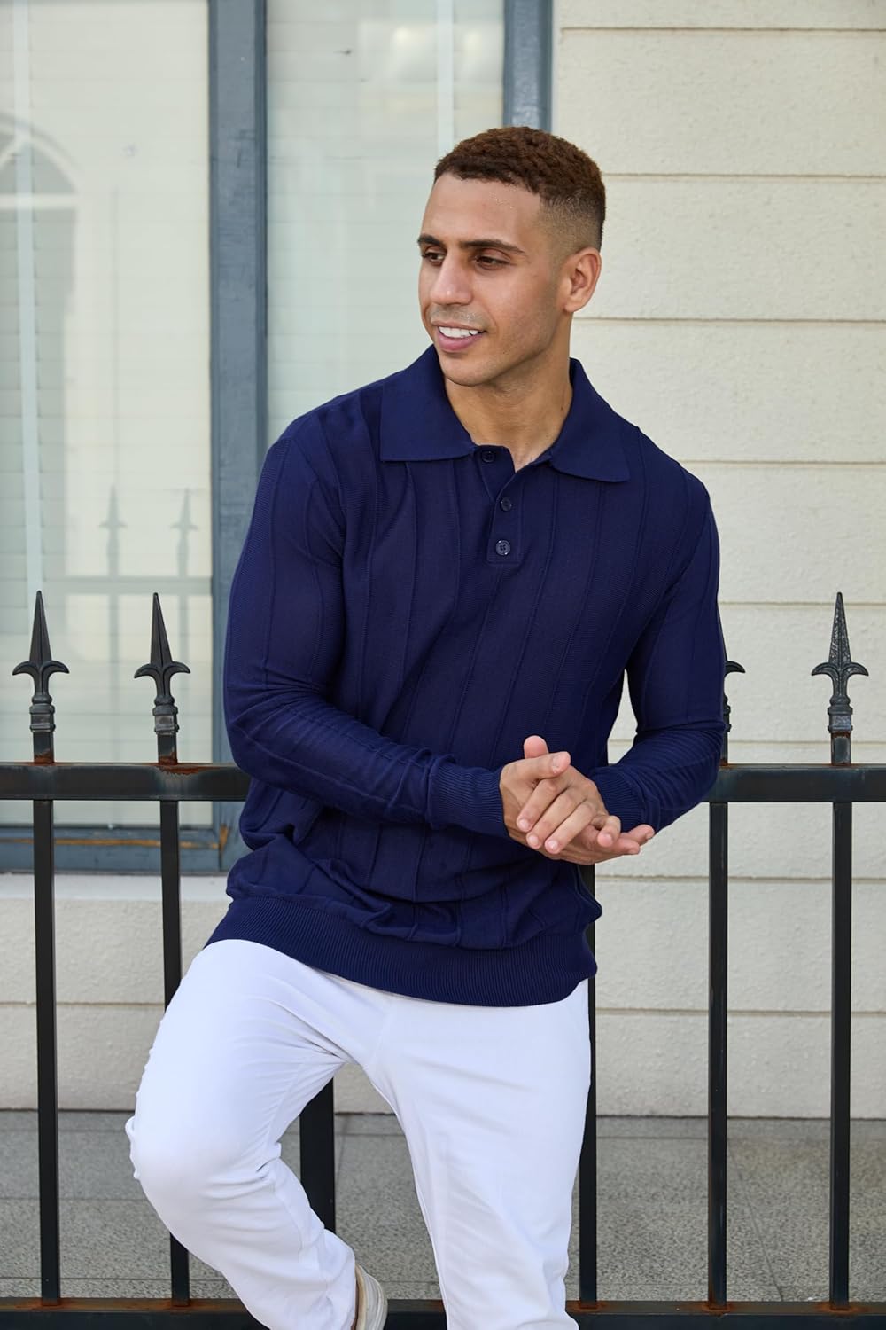 Mens Knit Polo Shirts Long Sleeve Casual Classic Polo Shirt Collared Ribbed Textured Pullover Sweater