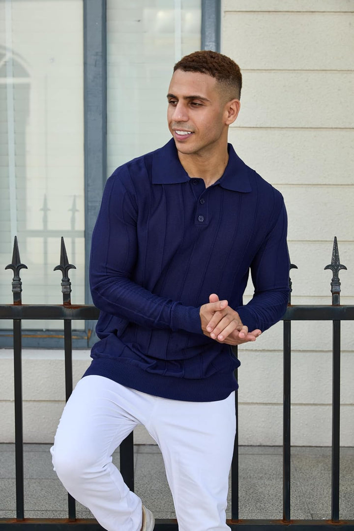 Mens Knit Polo Shirts Long Sleeve Casual Classic Polo Shirt Collared Ribbed Textured Pullover Sweater