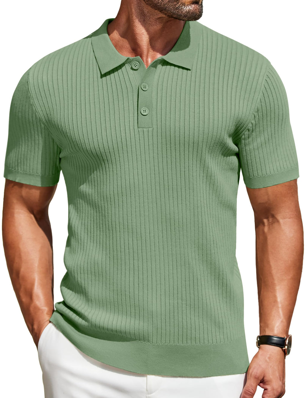 COOFANDY Mens Knit Polo Shirts Short Sleeve Button Down Shirt Textured Casual Summer Beach Shirts