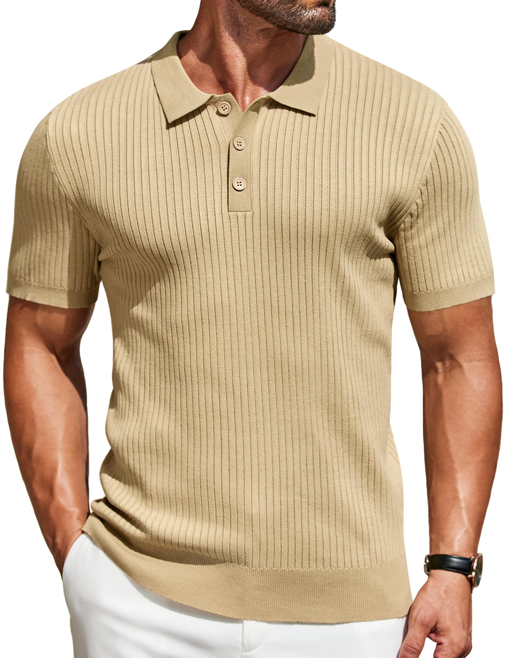 COOFANDY Mens Knit Polo Shirts Short Sleeve Button Down Shirt Textured Casual Summer Beach Shirts
