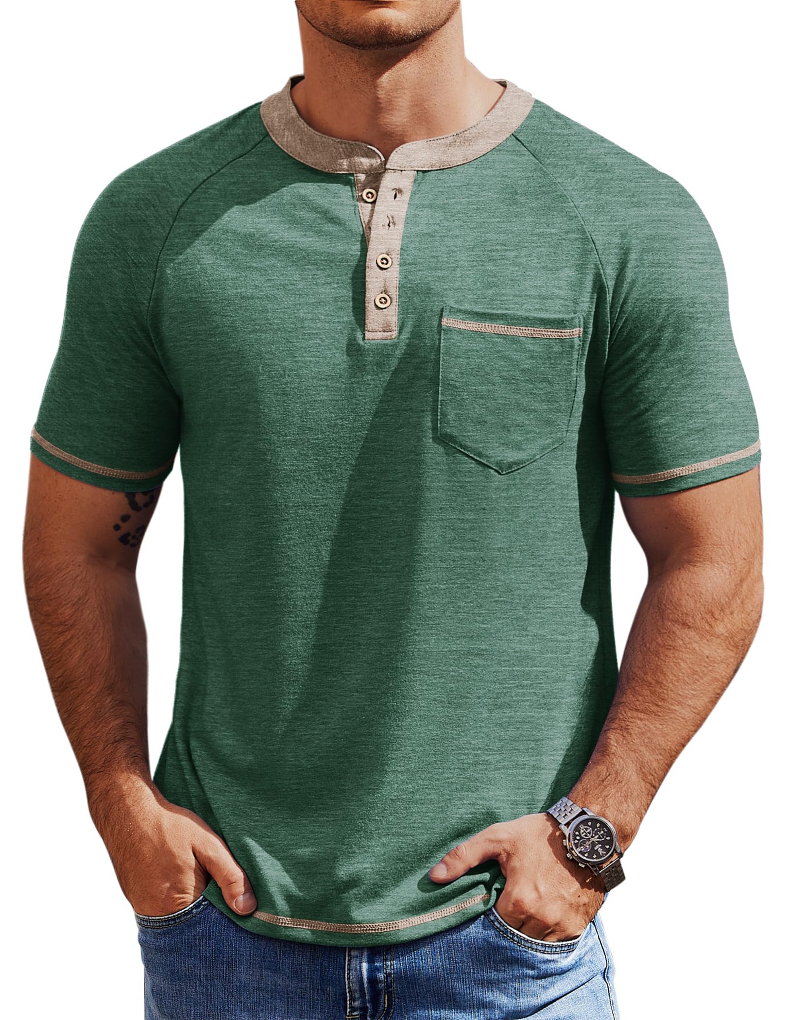 COOFANDY Mens Henley Shirts Short Sleeve Casual Button T-Shirts Basic Tee Shirts Summer Vintage T Shirts with Pocket