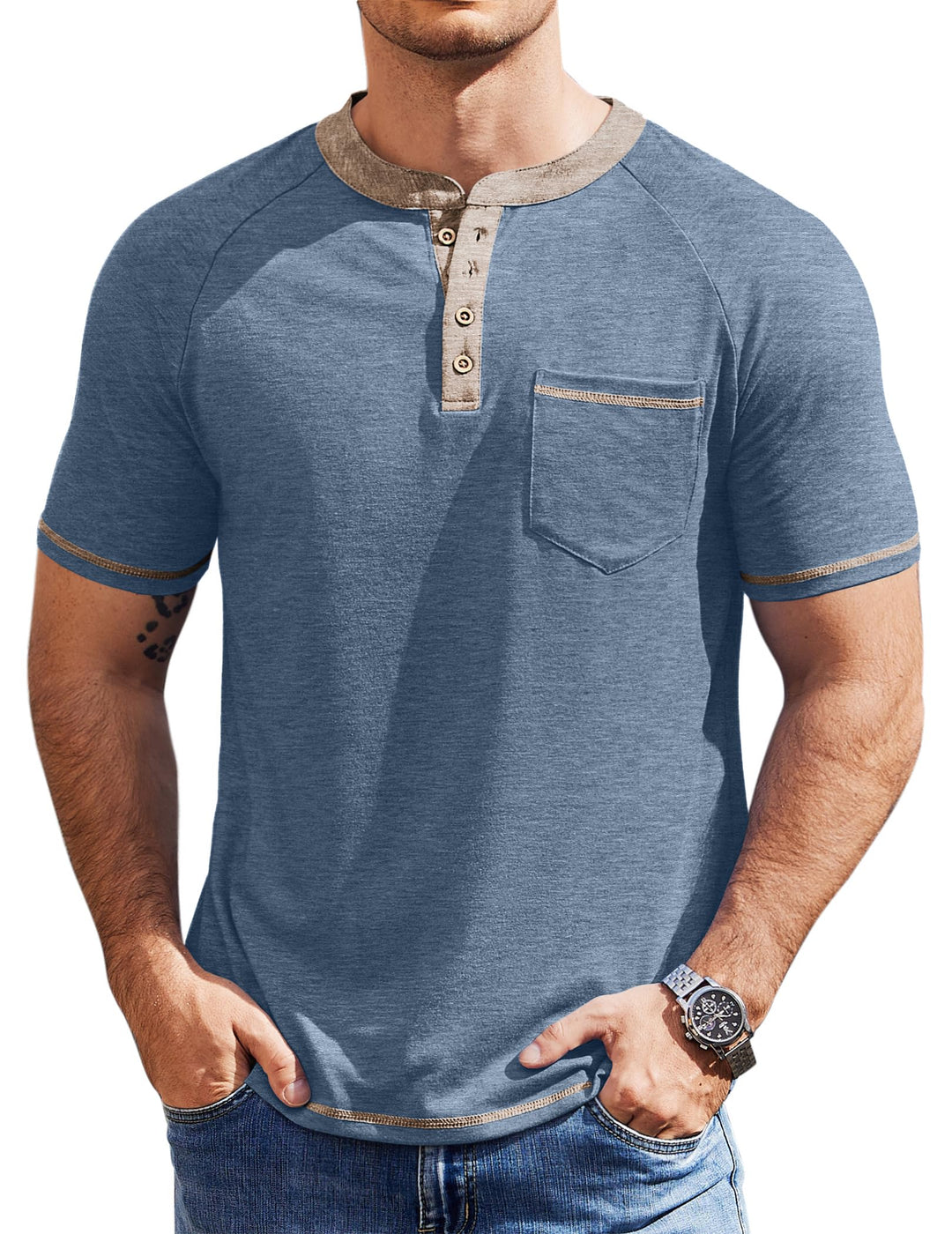 COOFANDY Mens Henley Shirts Short Sleeve Casual Button T-Shirts Basic Tee Shirts Summer Vintage T Shirts with Pocket