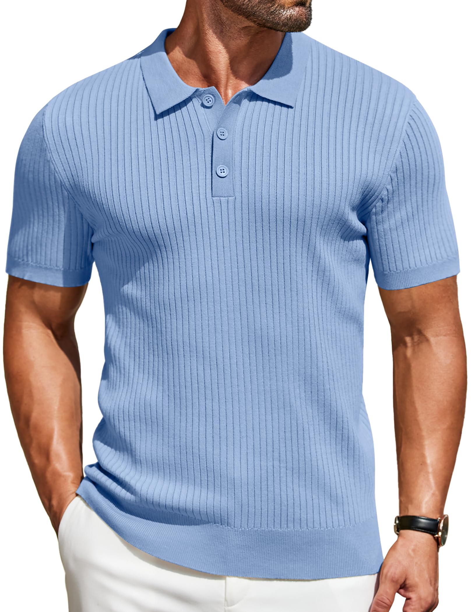 COOFANDY Mens Knit Polo Shirts Short Sleeve Button Down Shirt Textured Casual Summer Beach Shirts