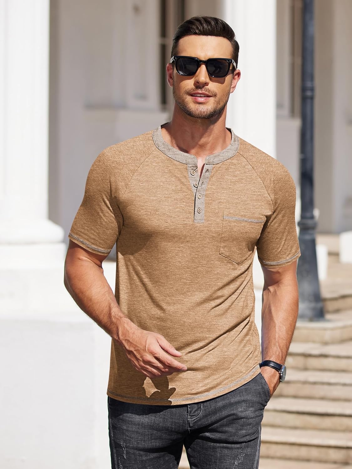 COOFANDY Mens Henley Shirts Short Sleeve Casual Button T-Shirts Basic Tee Shirts Summer Vintage T Shirts with Pocket