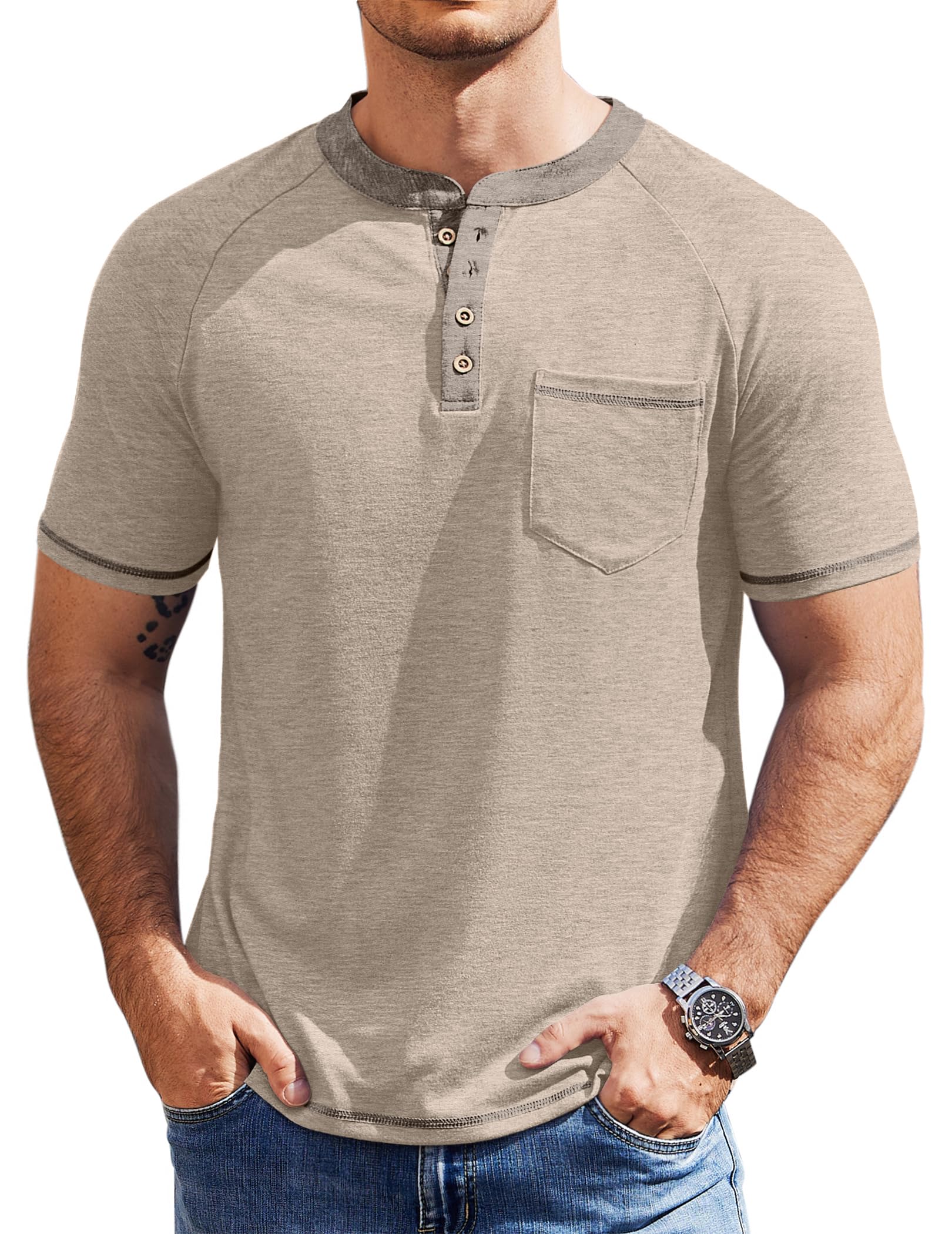 COOFANDY Mens Henley Shirts Short Sleeve Casual Button T-Shirts Basic Tee Shirts Summer Vintage T Shirts with Pocket