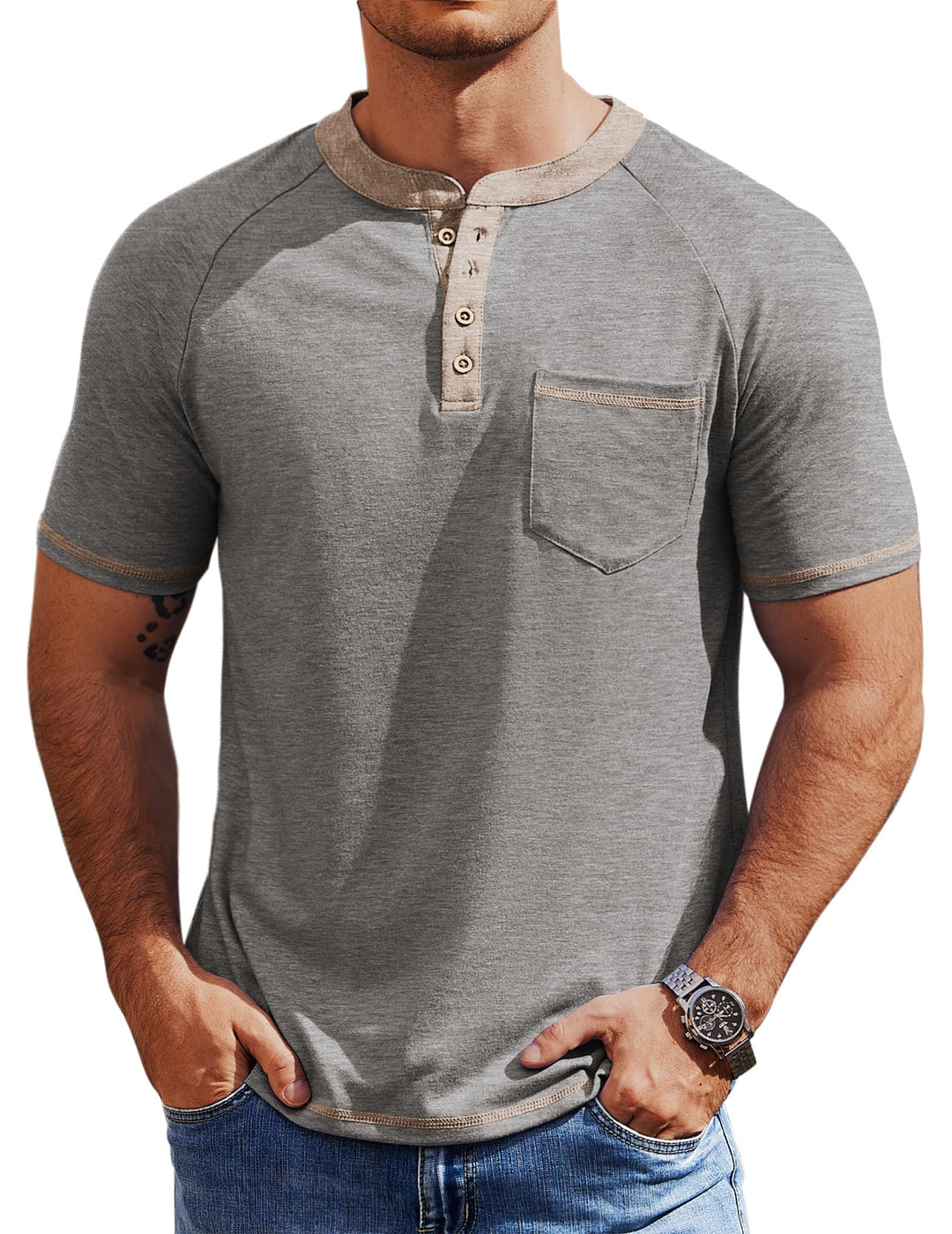 COOFANDY Mens Henley Shirts Short Sleeve Casual Button T-Shirts Basic Tee Shirts Summer Vintage T Shirts with Pocket