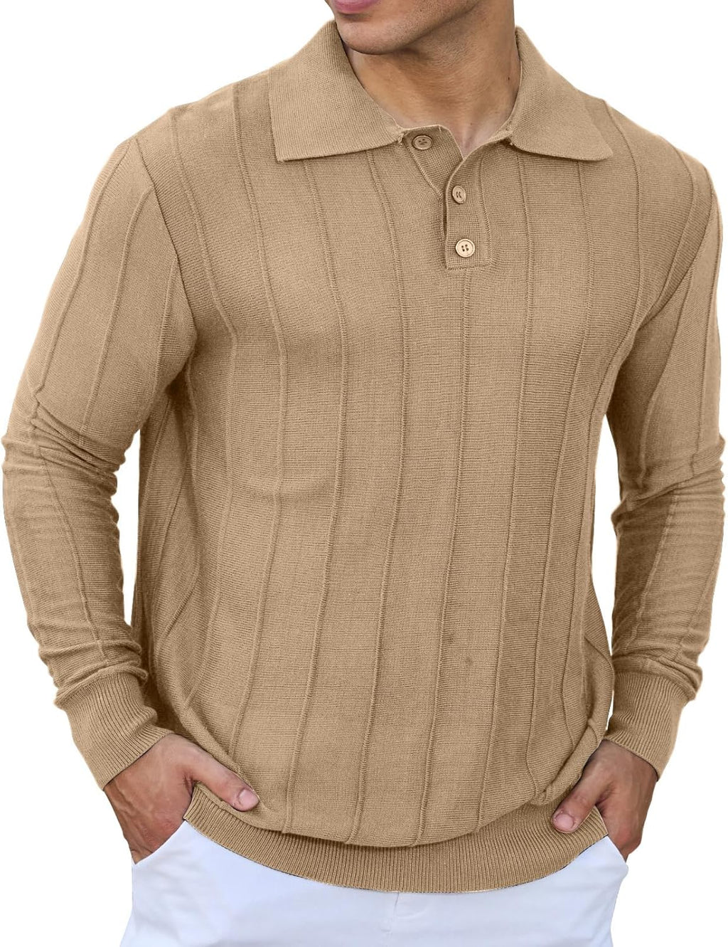 Mens Knit Polo Shirts Long Sleeve Casual Classic Polo Shirt Collared Ribbed Textured Pullover Sweater