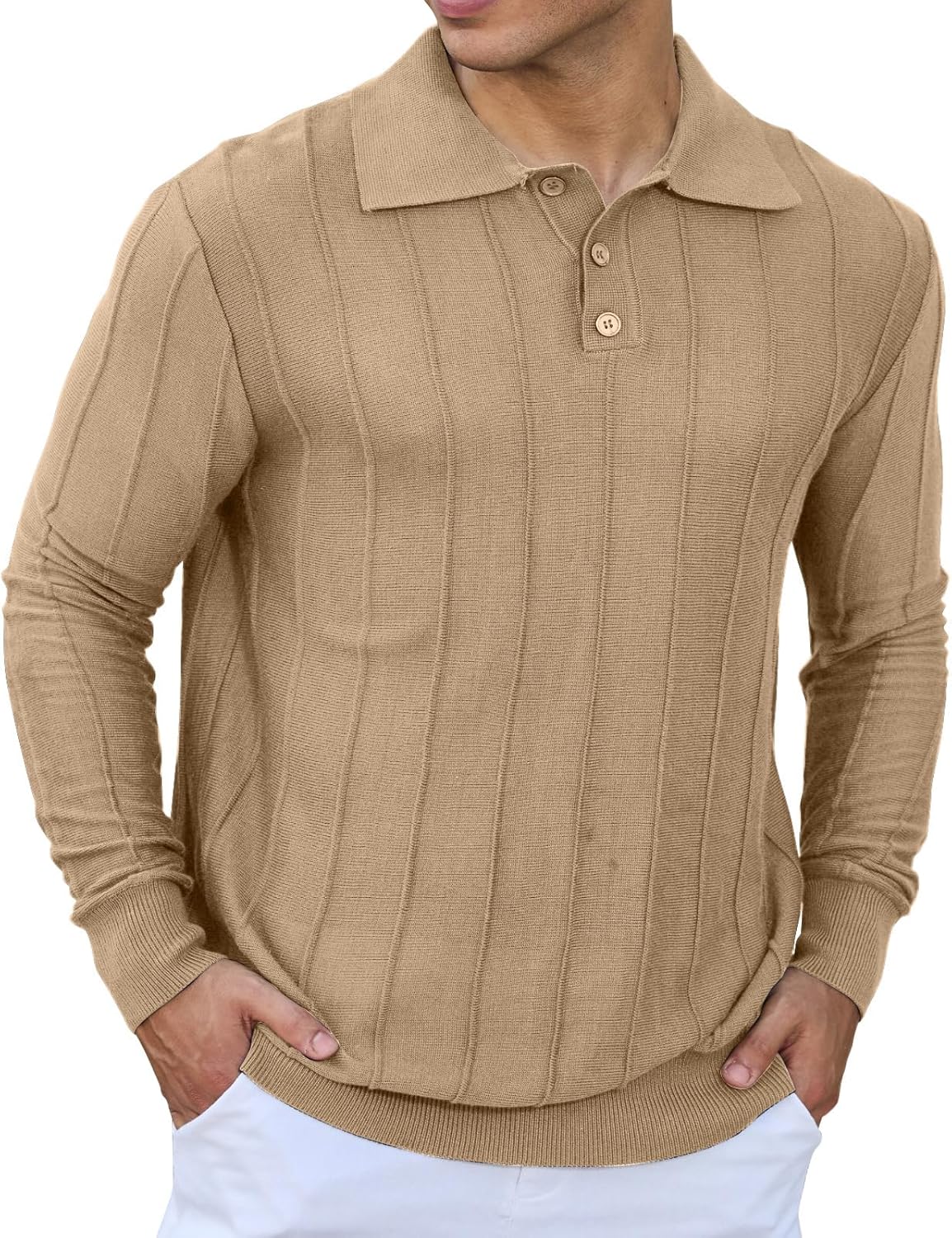 Mens Knit Polo Shirts Long Sleeve Casual Classic Polo Shirt Collared Ribbed Textured Pullover Sweater