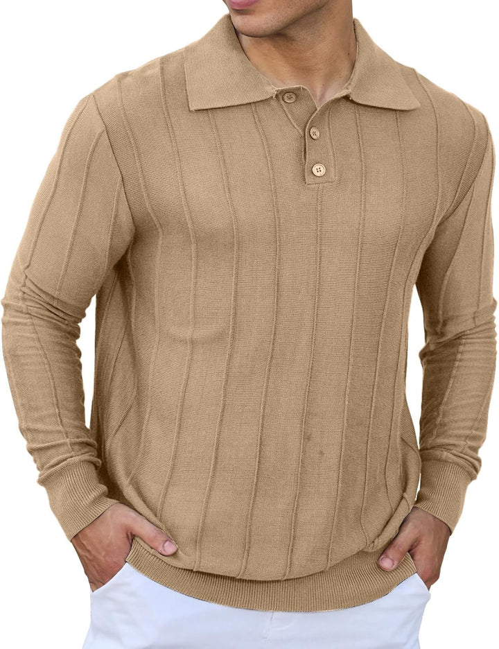 Mens Knit Polo Shirts Long Sleeve Casual Classic Polo Shirt Collared Ribbed Textured Pullover Sweater