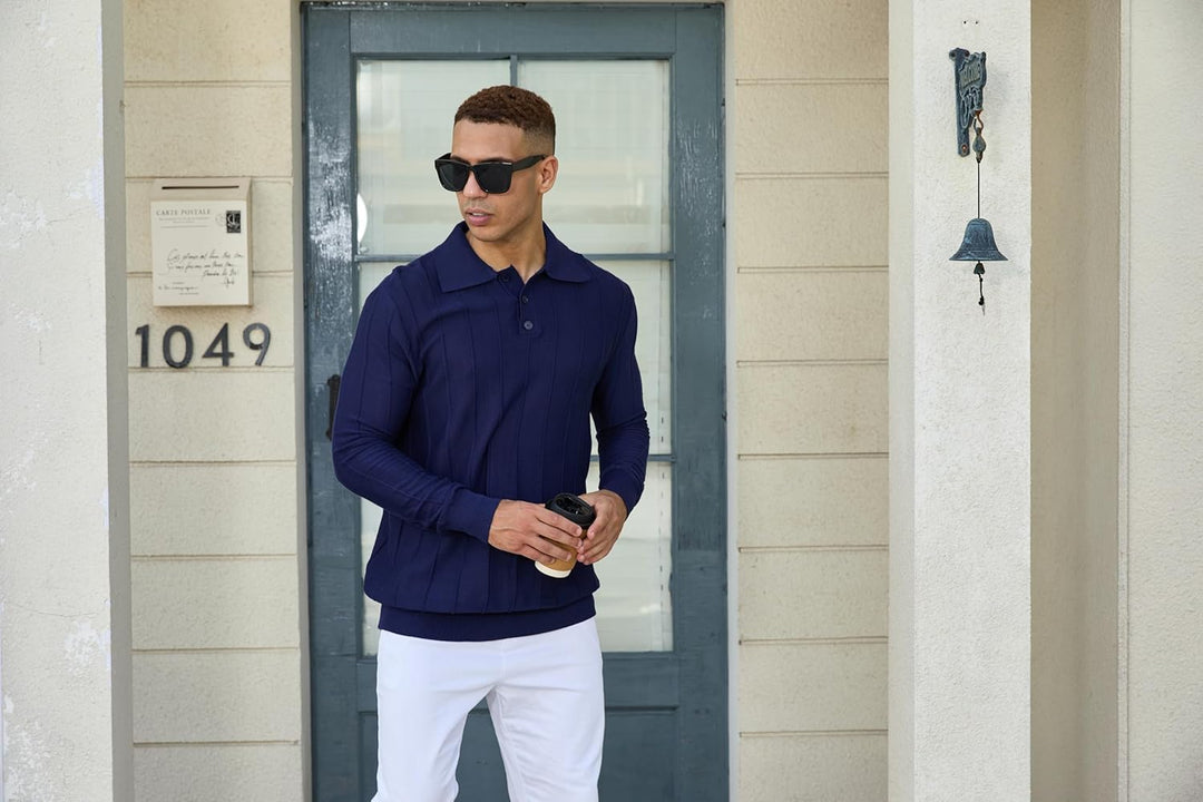 Mens Knit Polo Shirts Long Sleeve Casual Classic Polo Shirt Collared Ribbed Textured Pullover Sweater