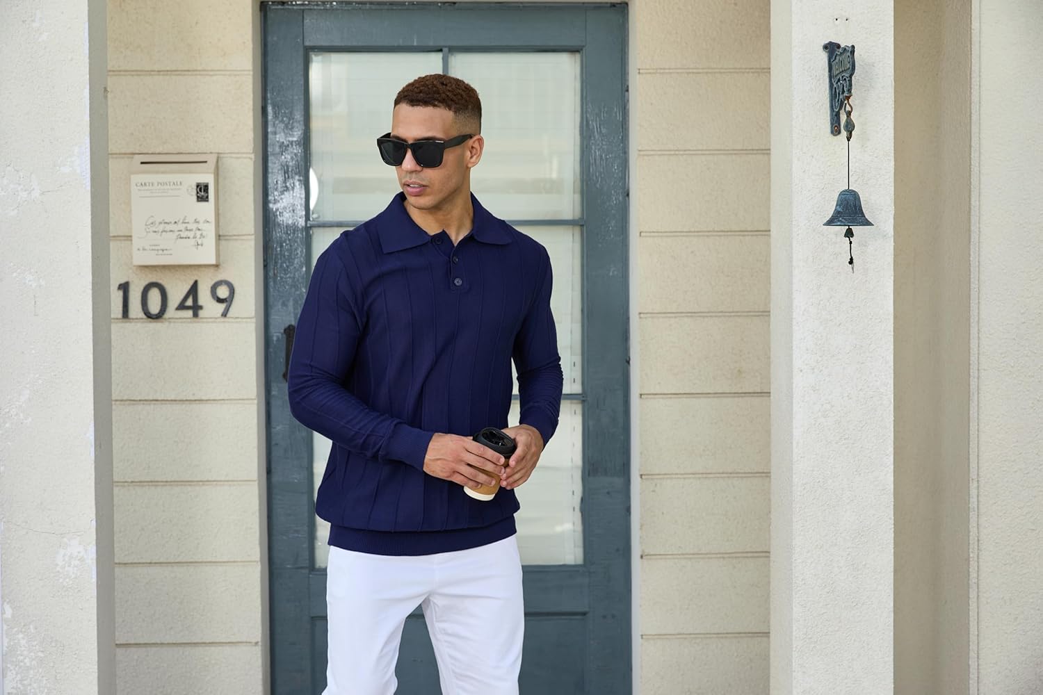 Mens Knit Polo Shirts Long Sleeve Casual Classic Polo Shirt Collared Ribbed Textured Pullover Sweater