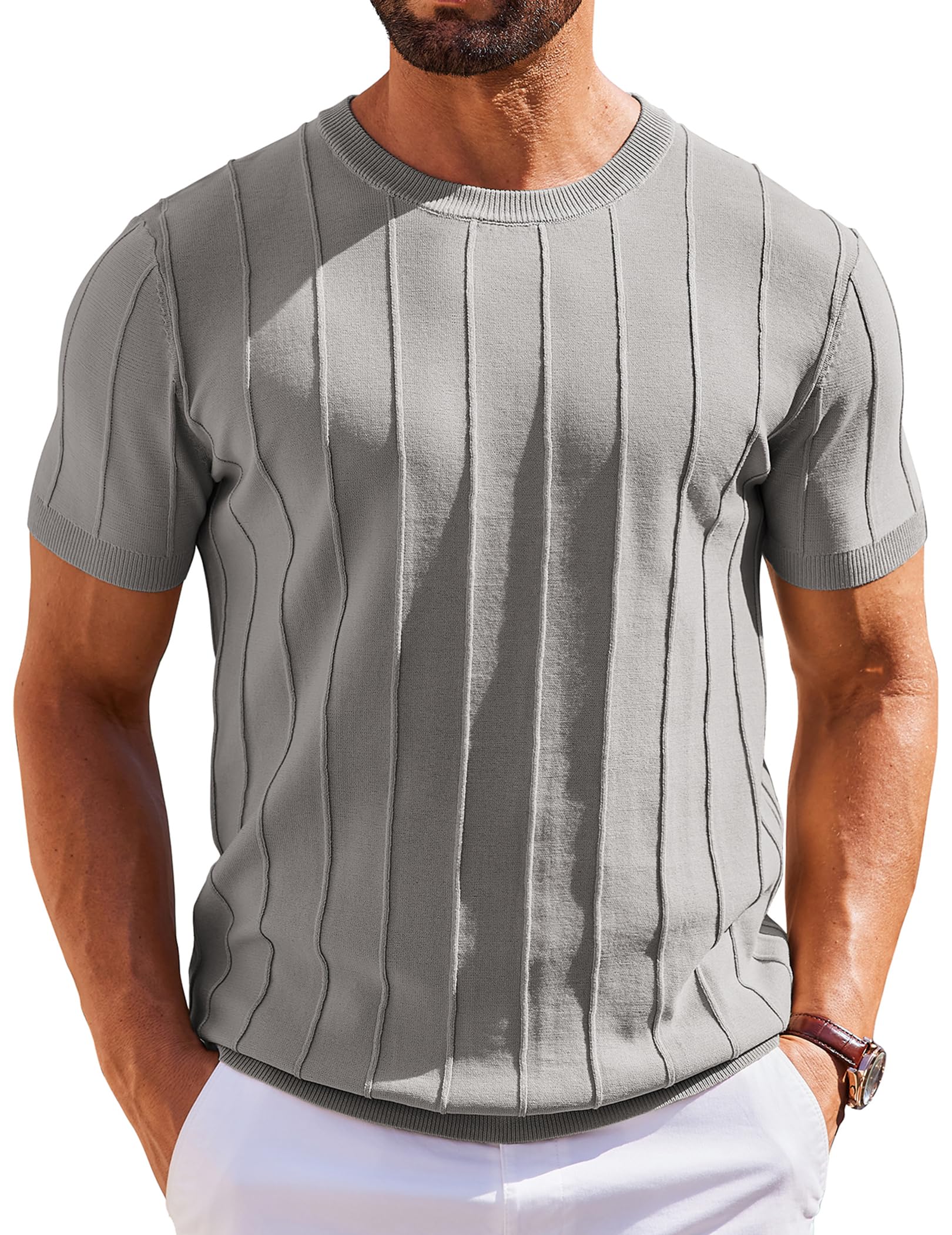 COOFANDY Men's T- Shirts Short Sleeve Knit Sweater Shirt Casual Crewneck Ribbed Pullover Tees