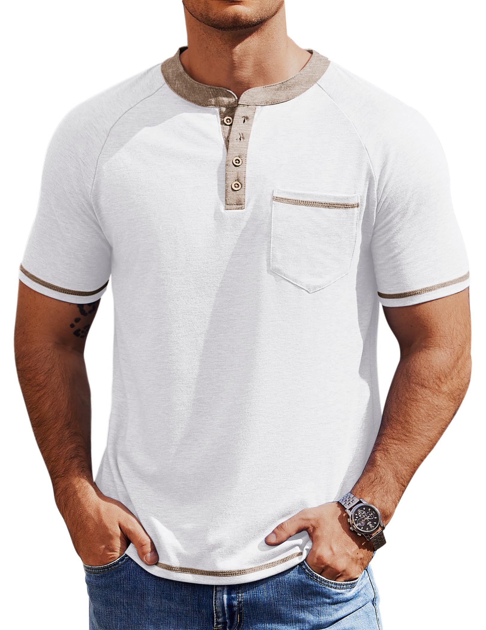 COOFANDY Mens Henley Shirts Short Sleeve Casual Button T-Shirts Basic Tee Shirts Summer Vintage T Shirts with Pocket