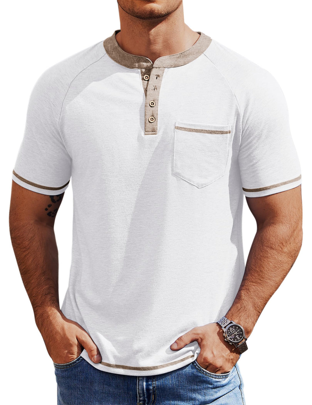 COOFANDY Mens Henley Shirts Short Sleeve Casual Button T-Shirts Basic Tee Shirts Summer Vintage T Shirts with Pocket