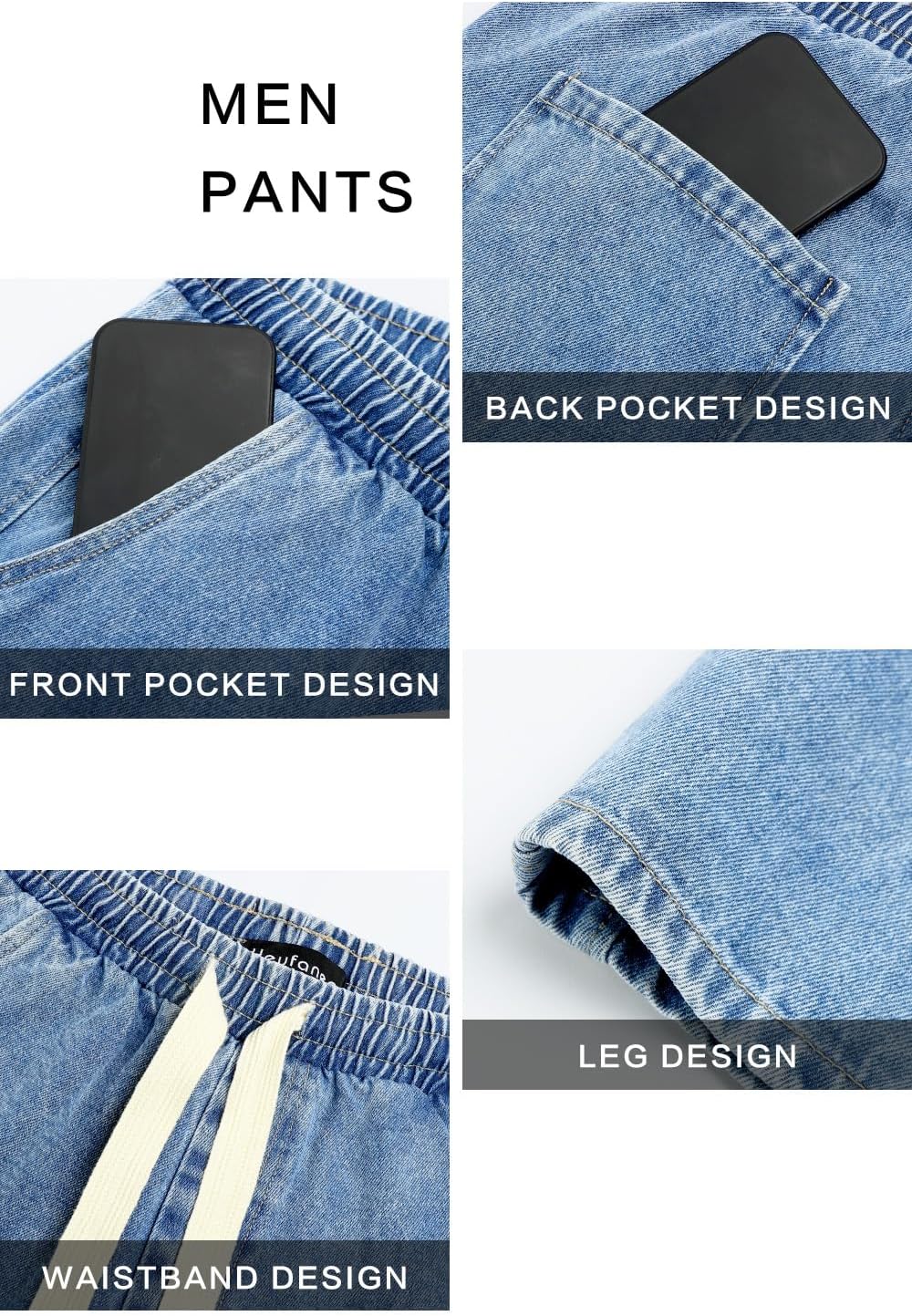 Mens Baggy Jeans Elastic Waisted Denim Pants for Men with Drawstring Streetwear