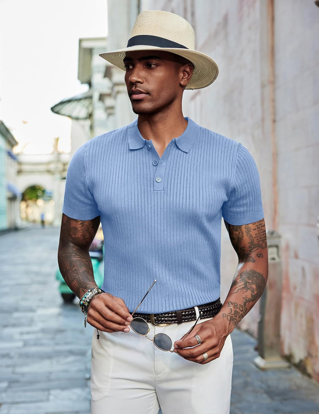 COOFANDY Mens Knit Polo Shirts Short Sleeve Button Down Shirt Textured Casual Summer Beach Shirts