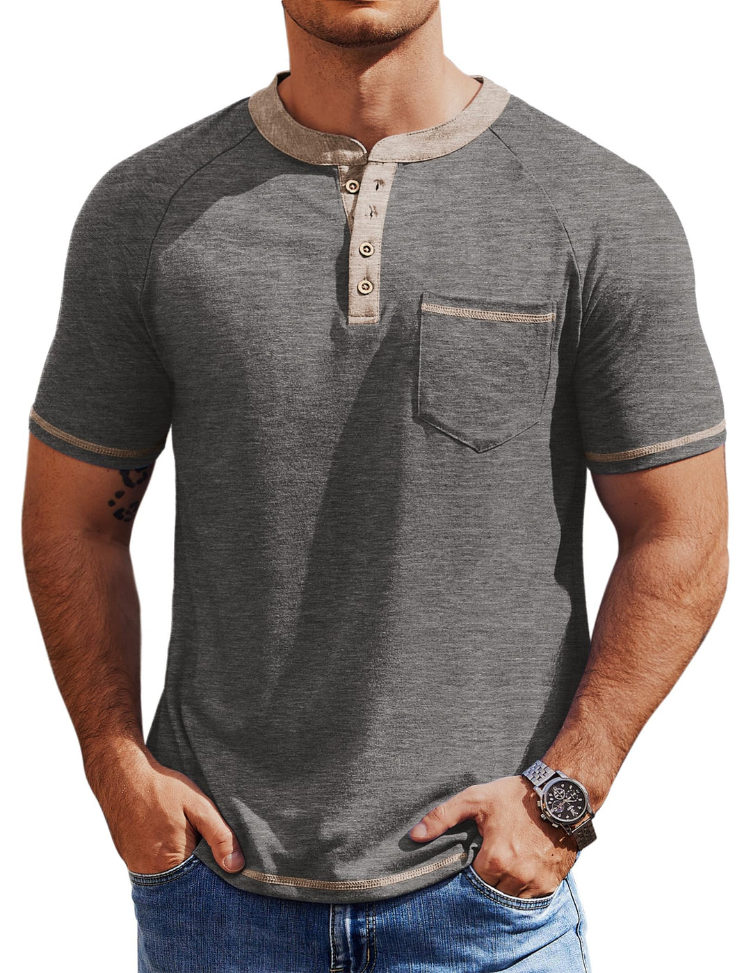 COOFANDY Mens Henley Shirts Short Sleeve Casual Button T-Shirts Basic Tee Shirts Summer Vintage T Shirts with Pocket