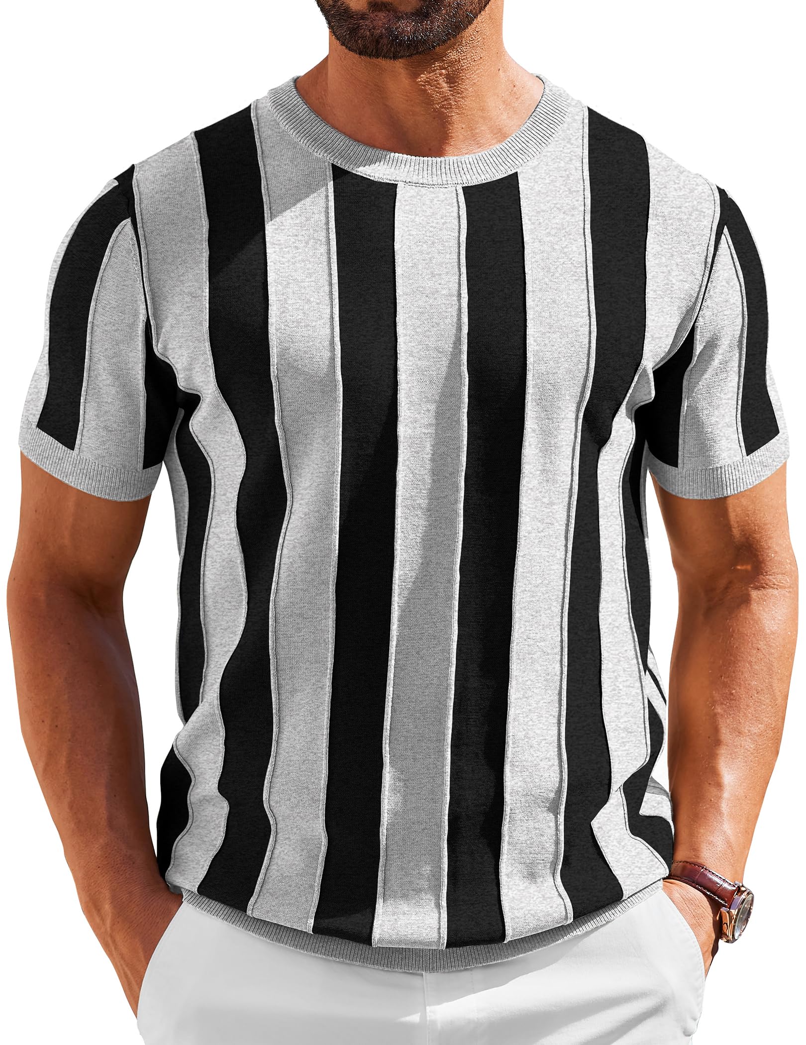 COOFANDY Men's T- Shirts Short Sleeve Knit Sweater Shirt Casual Crewneck Ribbed Pullover Tees