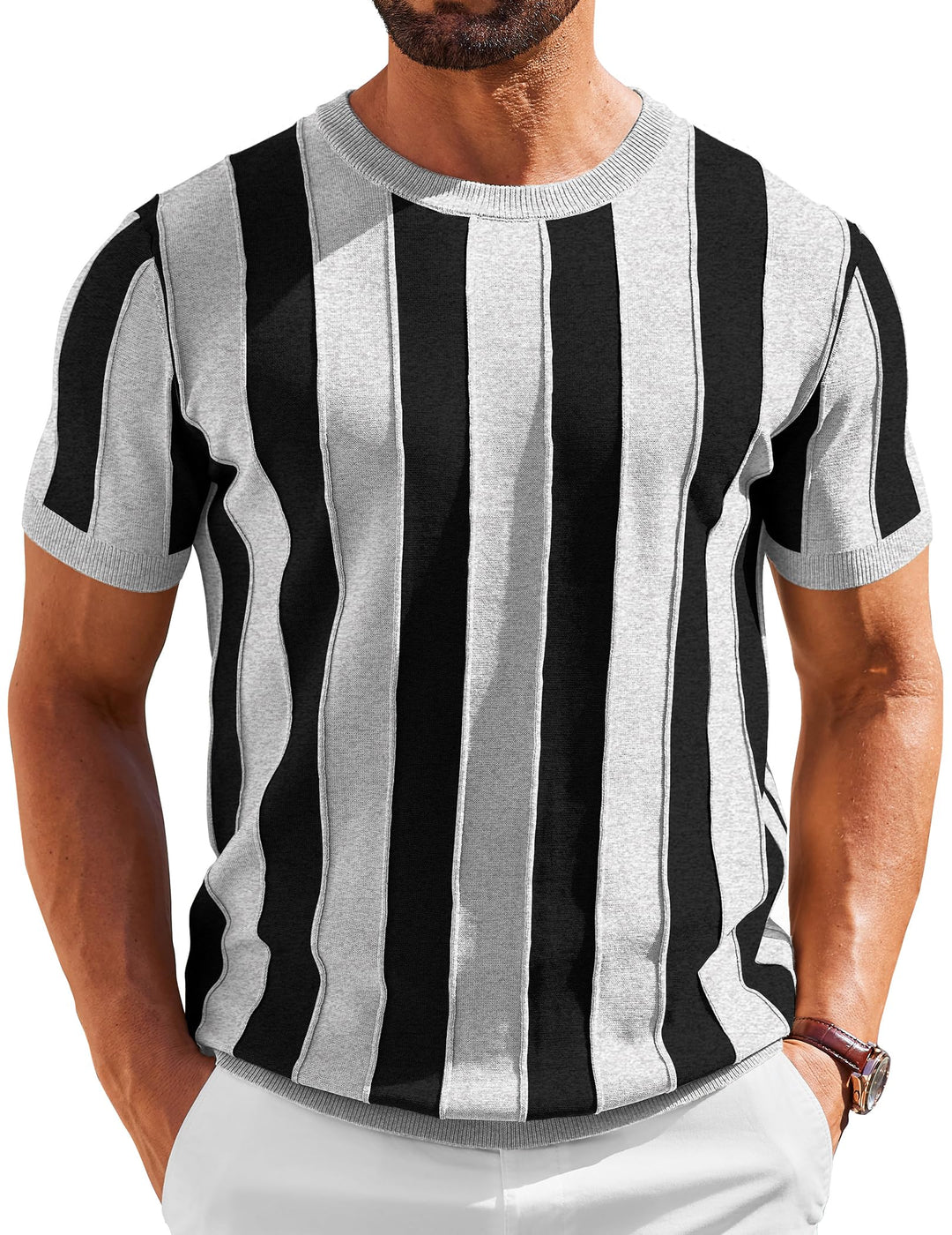 COOFANDY Men's T- Shirts Short Sleeve Knit Sweater Shirt Casual Crewneck Ribbed Pullover Tees